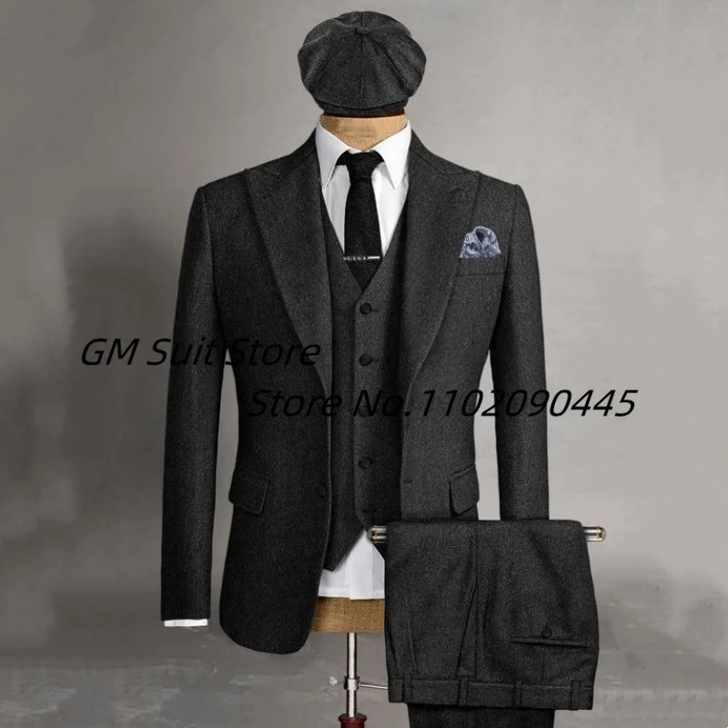2022Men's 3-piece Suit (Jacket+Vest+Pants) Herringbone Lapel Solid Color Single-breasted Handsome British Style Suitable Wedding 3
