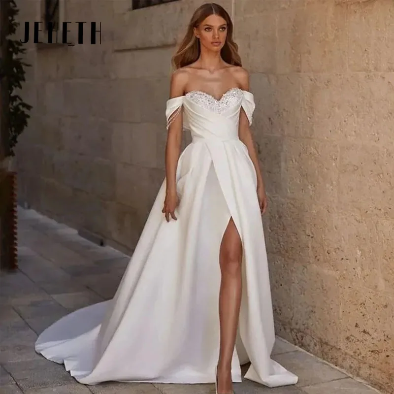 

JEHETH A-Line Wedding Dresses For Women Front Slit Bridal Gown Off the Shoulder Sexy Backless Bohemian Beach Elegant Princess Dr