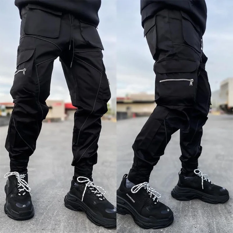 Large Pocket Loose Overalls Men's Outdoor Sports Jogging Tactical Pants Elastic Waist Pure Cotton Casual Work Pants