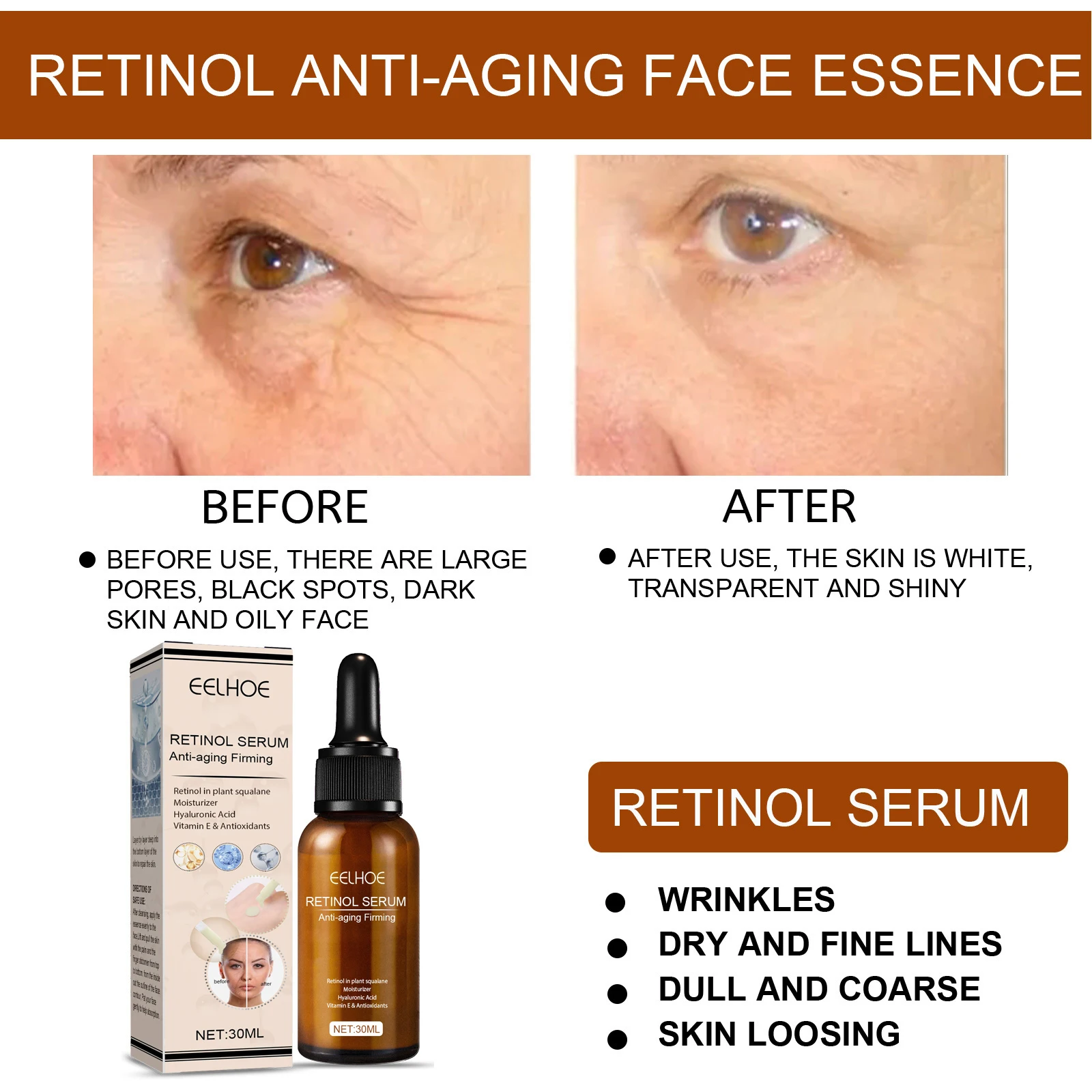 EELHOE Retinol Face Serum Gentle Moisturizing Firming Skin Pore Shrink Balance Skin Tone Anti-aging Glowing Mild Face Serum