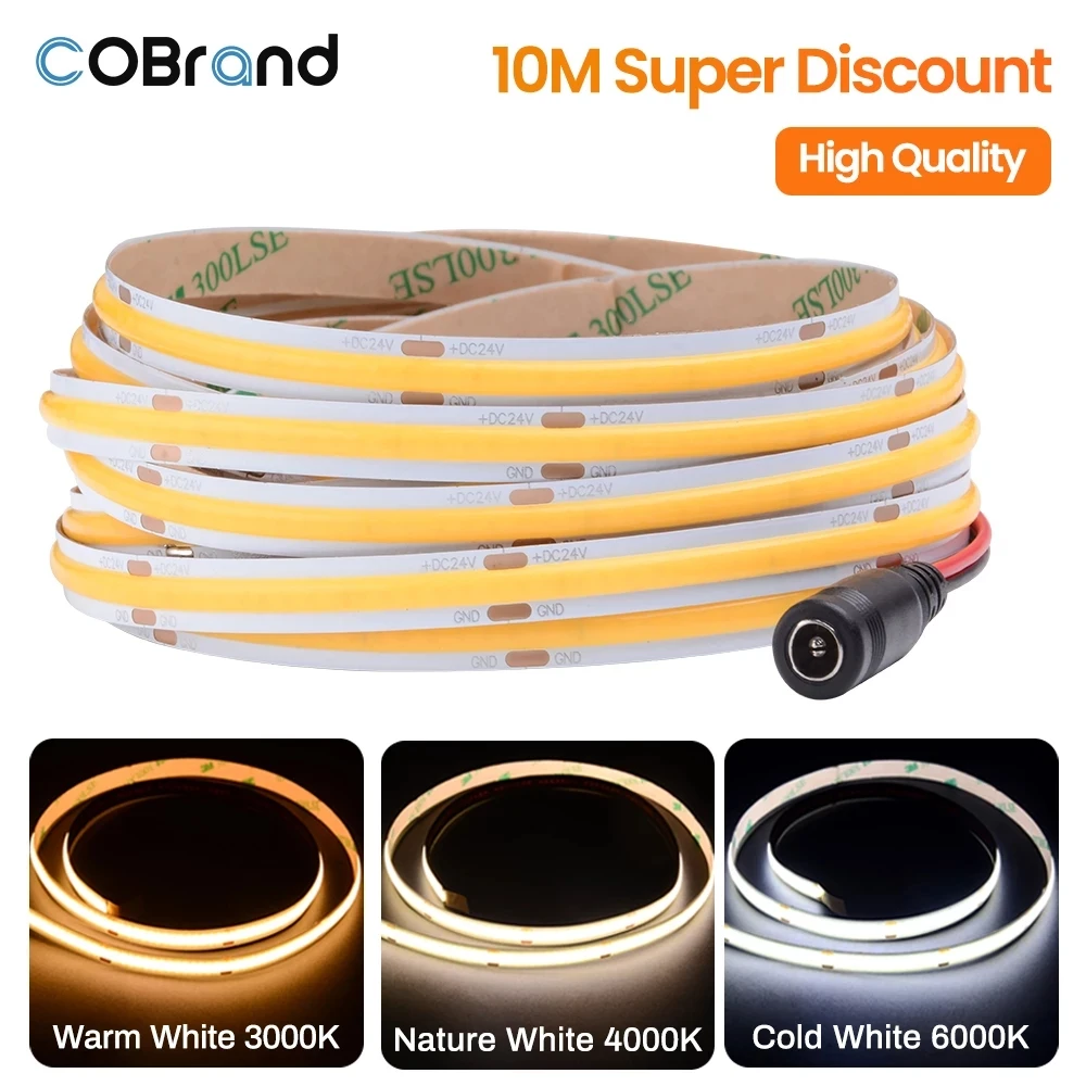 New DC 12V 24V COB LED Strip Light 8mm 312 LEDs/m Flexible cob leds Tape Lights 10M Super Good Dimmable Linear Ribbon Cold White new flexible cob led strip light dimmable fob super slim 5mm 480 leds m high density dc 12v 24v tape white strips lights linear