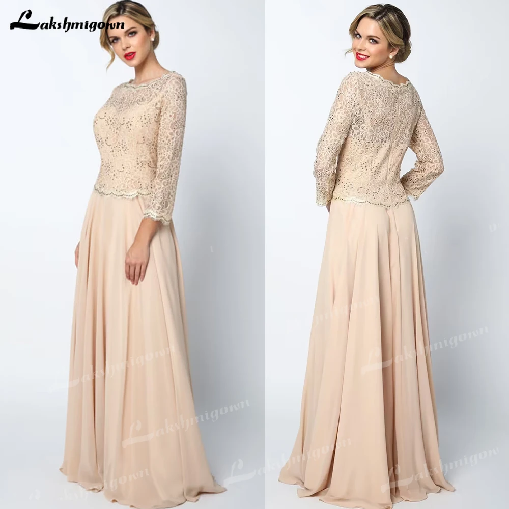 

Chiffon Three Quarter Sleeves Front Beading Sequin Sheer Open Back Bodice Long Mother Of The Bride Bridesmaid Dress A-line