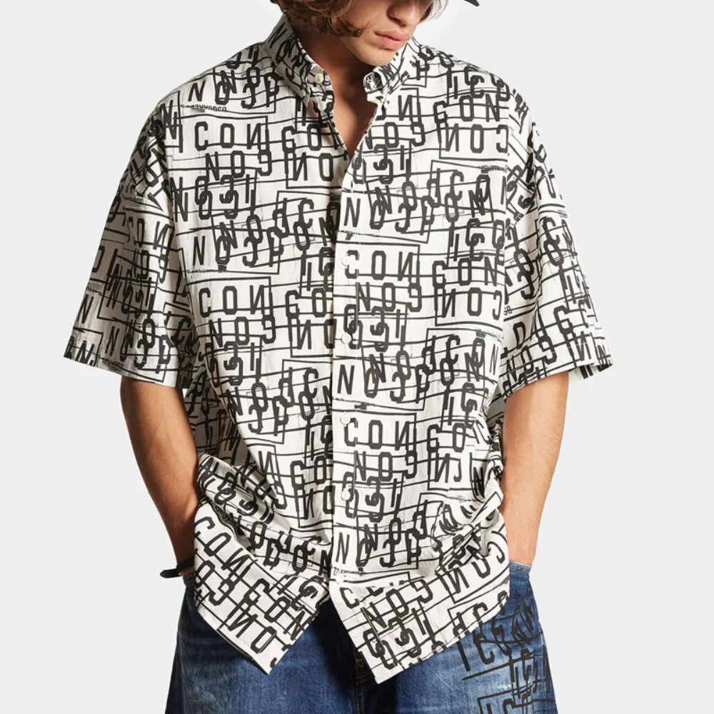 

2024 new summer men's seaside beach shirts casual slim tops fashionable printed short-sleeved shirts men's letter printed shirts