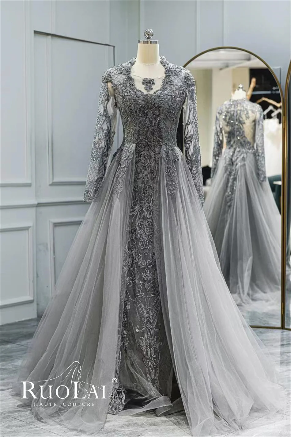 Strapless Gray Tulle Floral Long Prom Dresses, Strapless Gray Formal E –  Shiny Party