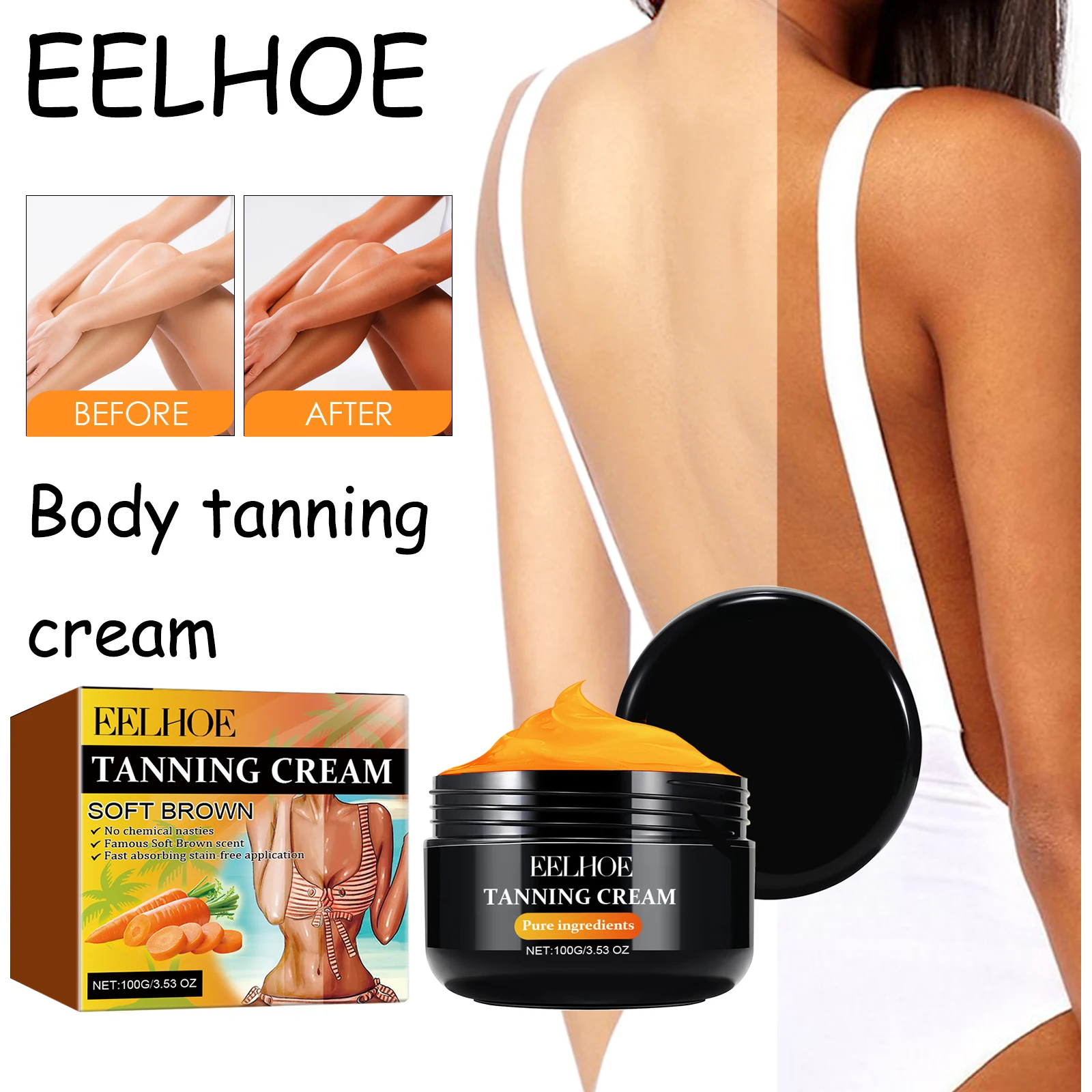 EELHOE Carrot Body Tanning Cream Summer Beach Outdoor Tanning Bronzer Skin Moisturizing Smoothing Sunless Body Tanning Cream