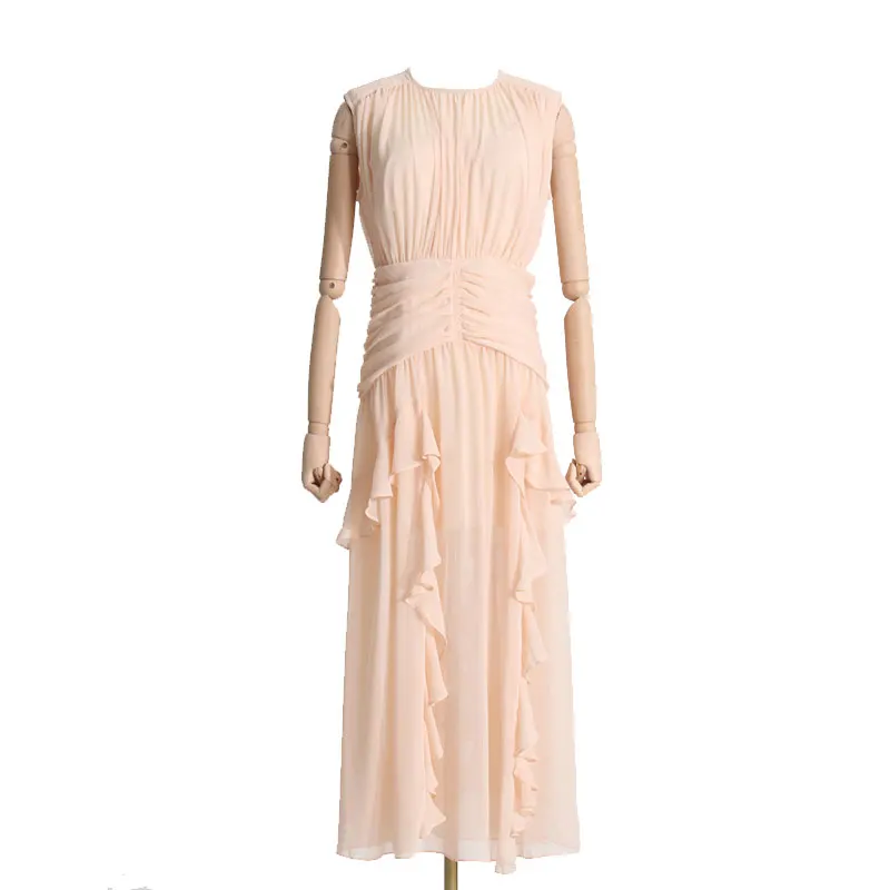 

New Summer Apricot Blue Sexy Round Neck Sleeveless Pleated Ruffle Patchwork Collect Waist Long Dress Robe Femme