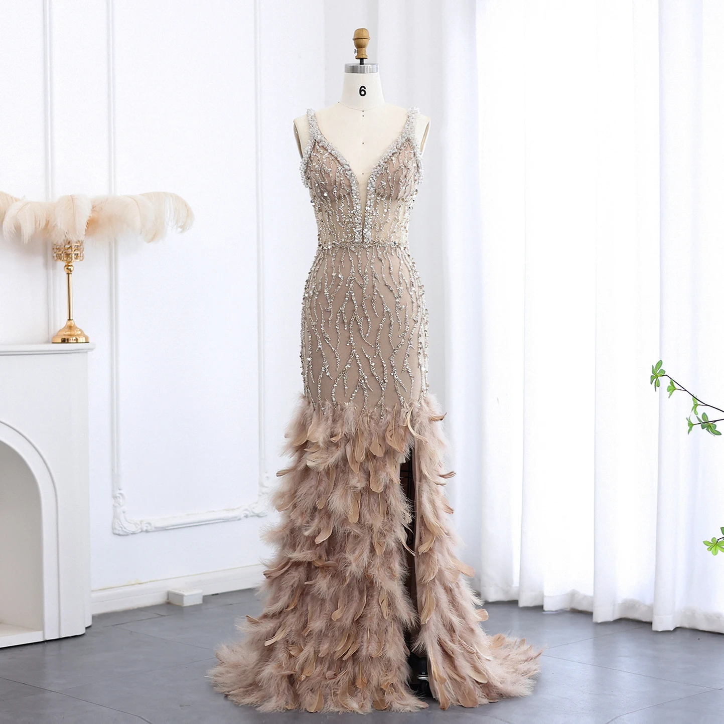 chinese dress ladies Luxury Red Long Embellished Mermaid Feather Prom Dress Formal Gown 44 main image 1