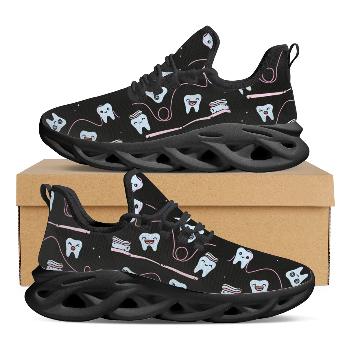 

Cute Cartoon Tooth Dentist Print Flat Shoes Lightweight Breathable Sneakers Dental Toothbrush Design Fashion Lace-up Shoes