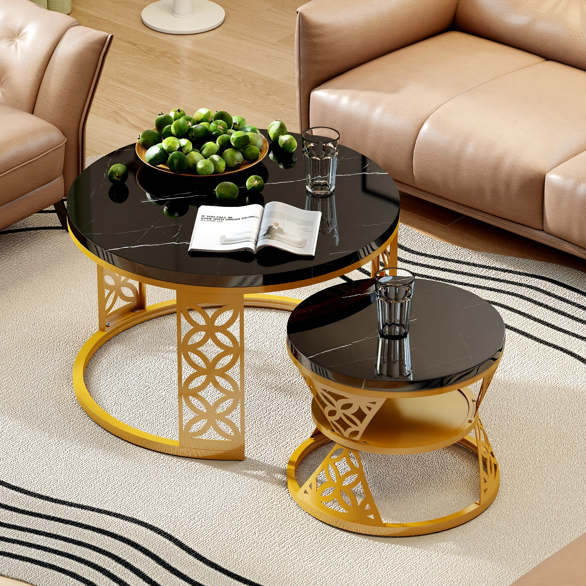 Ensemble de 2 tables basses, tables d'appoint rondes modernes, table de salon avec un design en marbre, structure en métal et plateau en MDF 1 Ensemble de 2 tables basses, tables d'appoint rondes modernes, table de salon avec un design en marbre, structure en métal et plateau en MDF 1