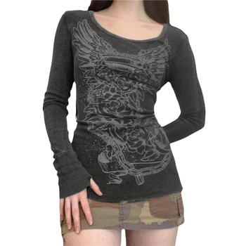 Xingqing 2000s Graphic T Shirt Vintage Fairy Grunge Floral Wings Print Long Sleeve Tops y2k Women Clothes Basic Harajuku Tee 1