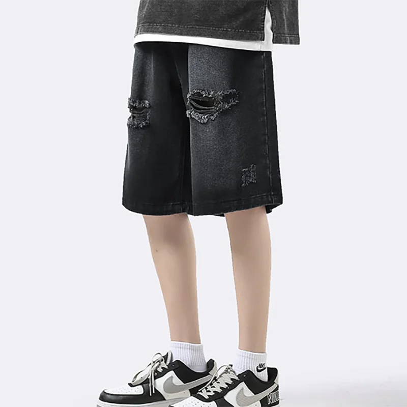 Men Ripped Jeans Shorts Y2K Streetwear Retro Trendy Straight Leg Mid Waist Denim Short Summer Designer Popular Original Pants