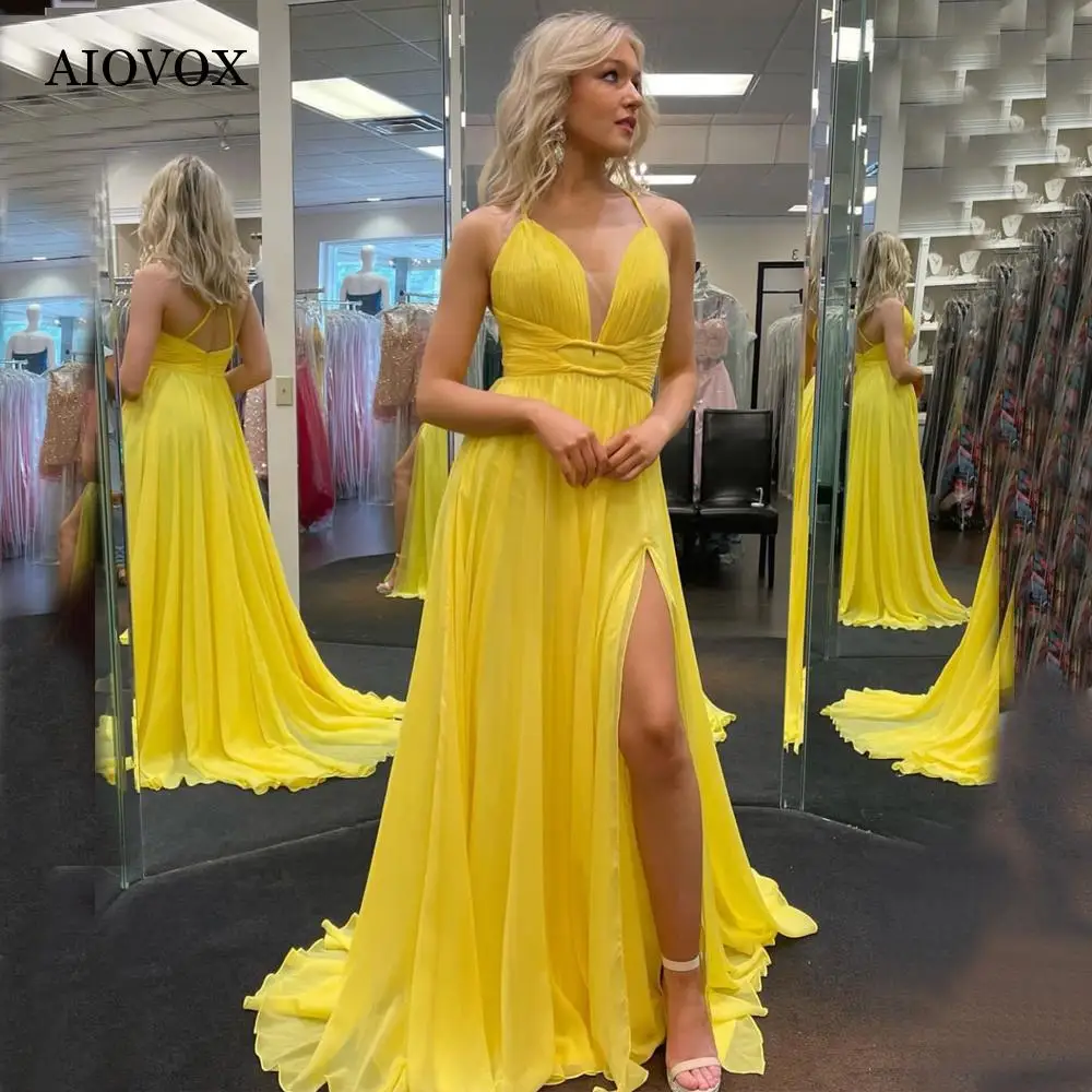 

AIOVOX Beach V-Neck Long Prom Dresses High Split Spaghetti Straps Party Gown Floor-Length With Train Simple Vestido De Gala
