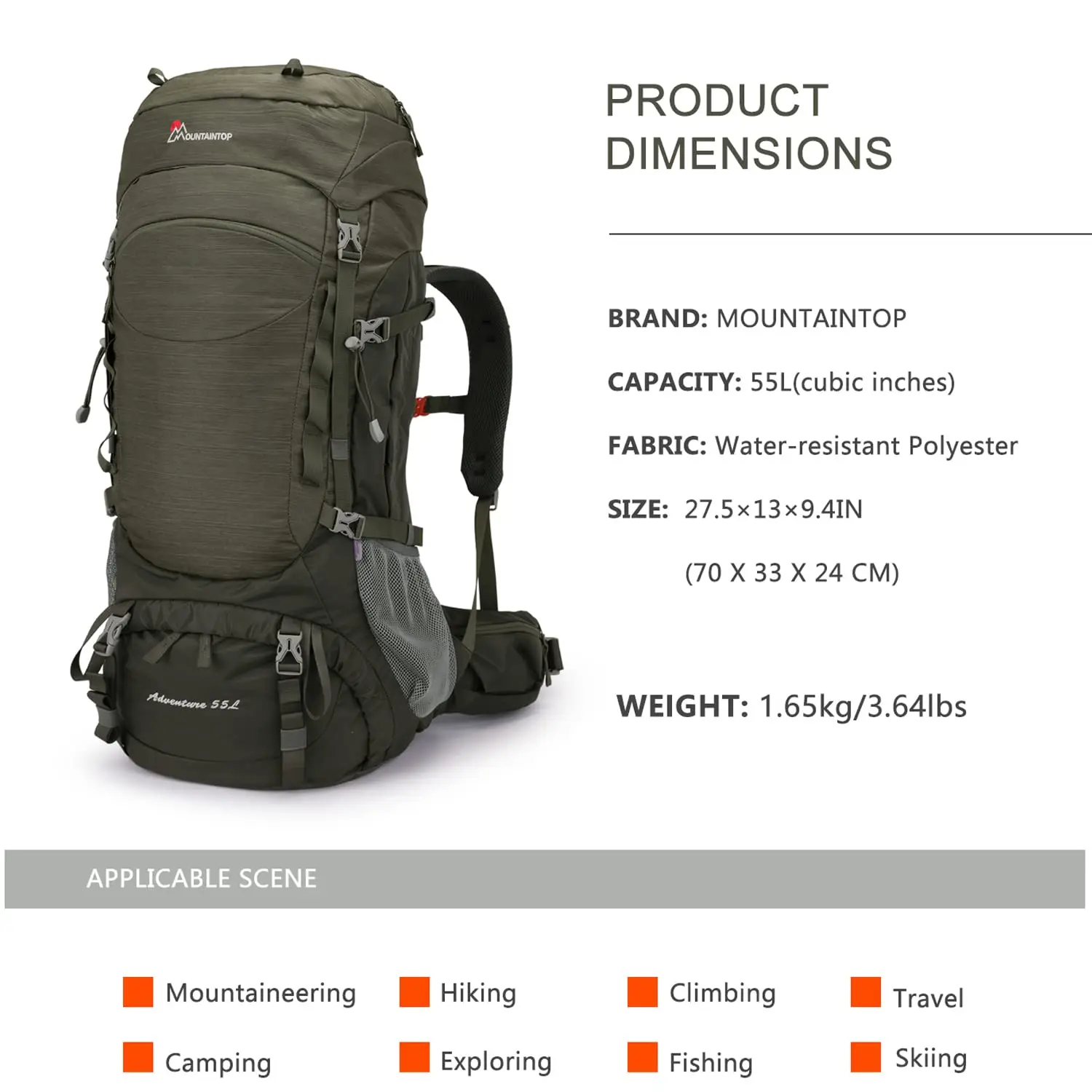 MOUNTAINTOP Hiking Backpack 55L Trekking Backpack Women's for Travel Climbing Camping, Internal Frame Backpacks with Rain Cover