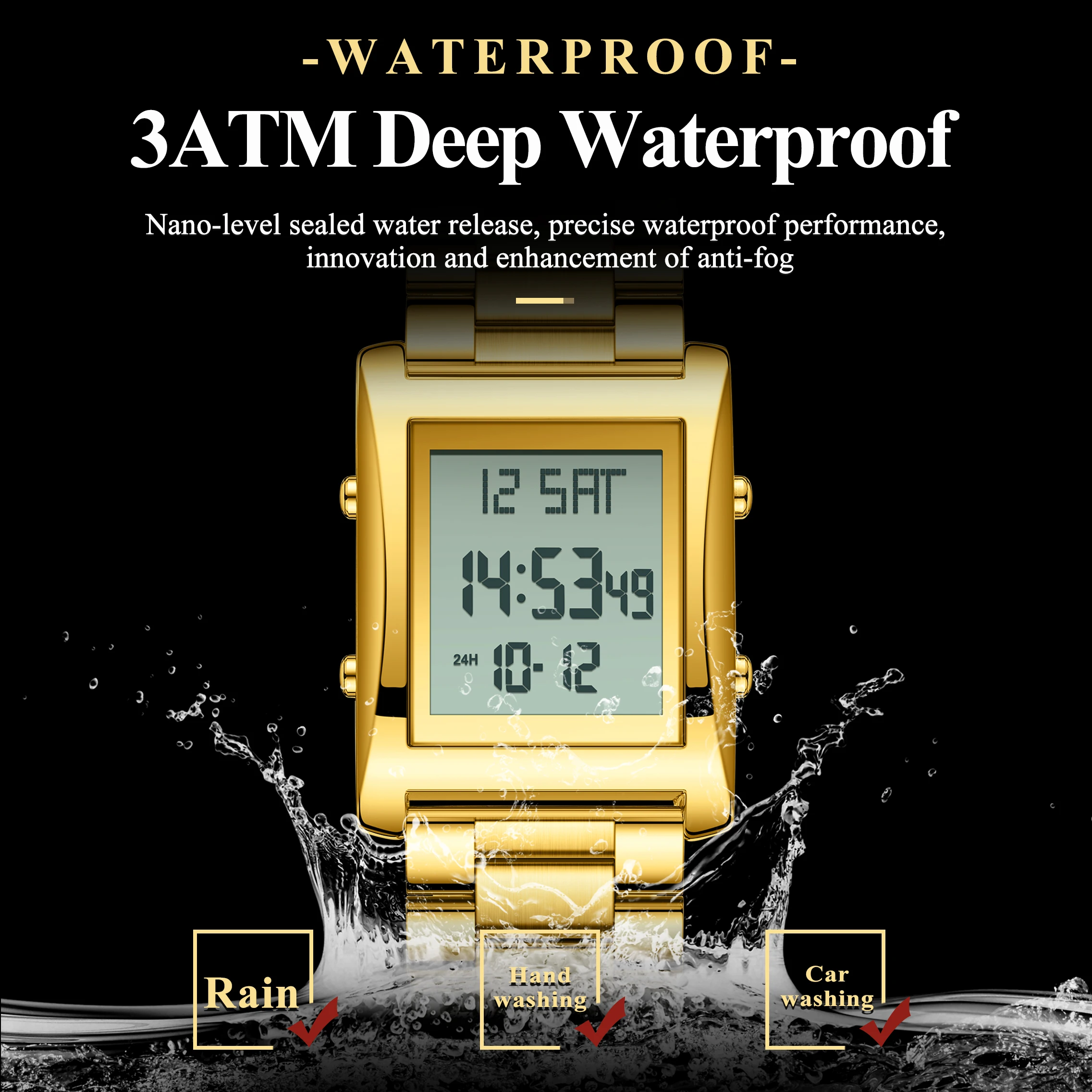 CAREKISO Original LED Men Watch Waterproof Week Calendar Alarm Man Wristwatch Rectangle Stainless Steel Electronic Men's Watches 3