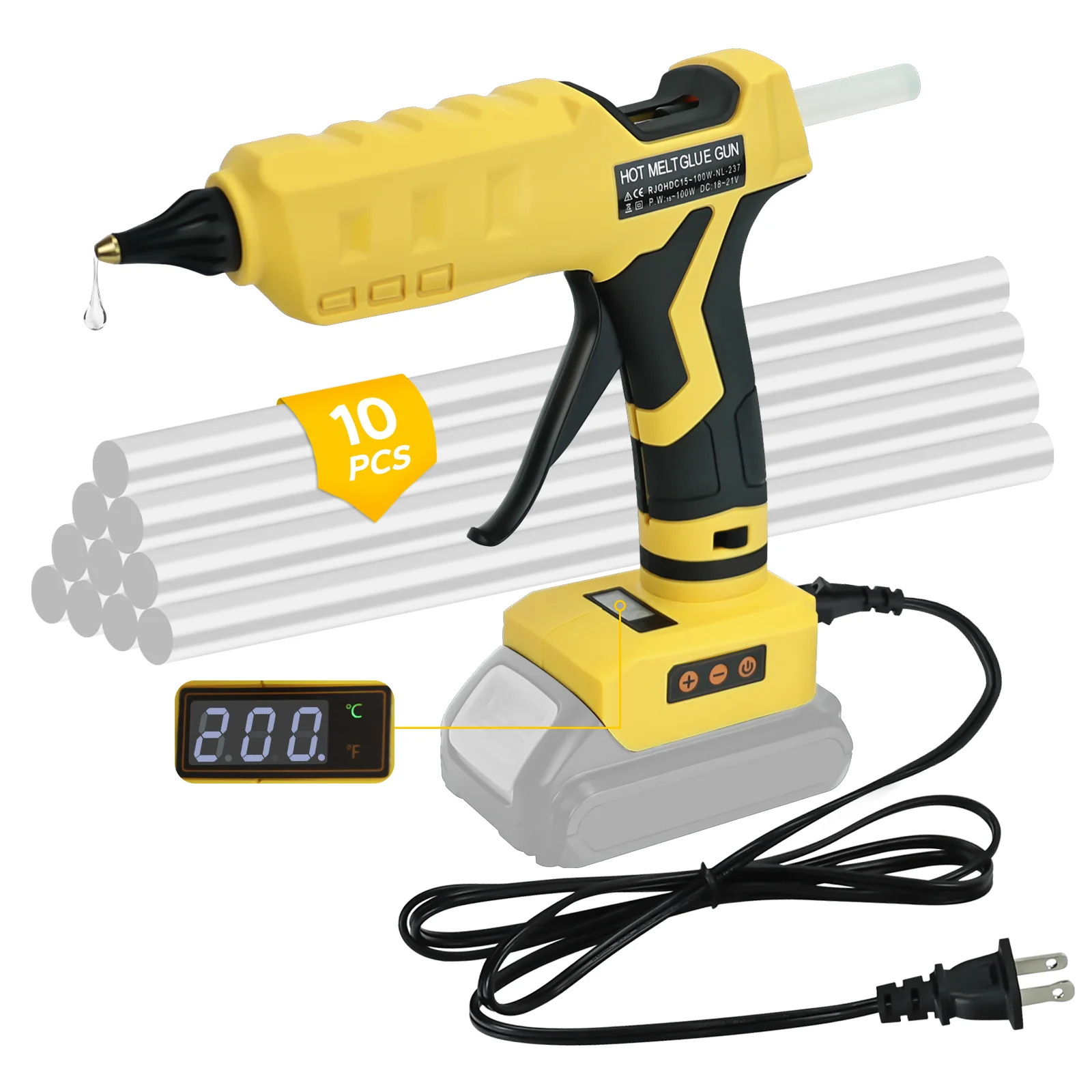 100W hot glue gun 200℃ max temp adjust dual power supply glue gun with 10pcs 11mm sticks for Dewalt 20V battery(No battery)
