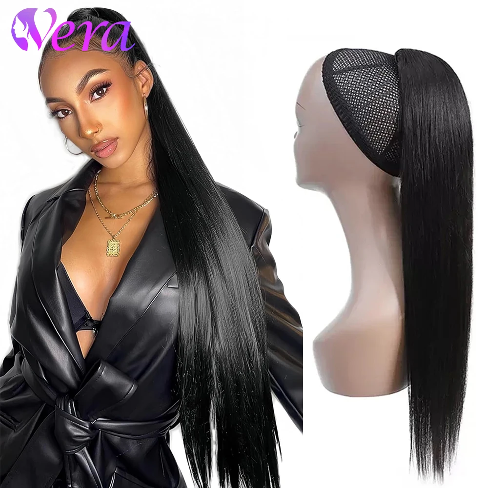Straight Drawstring Ponytail 100% Human Hair Extensions Ponytail With Clips Natural Black Wrap Around Ponytail For Women