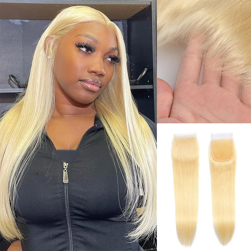 #613 Honey Blonde Color Straight 4x4 Transparent Lace Closure Remy Human Hair Pre Plucked Free Middle Three Part Send Randomly
