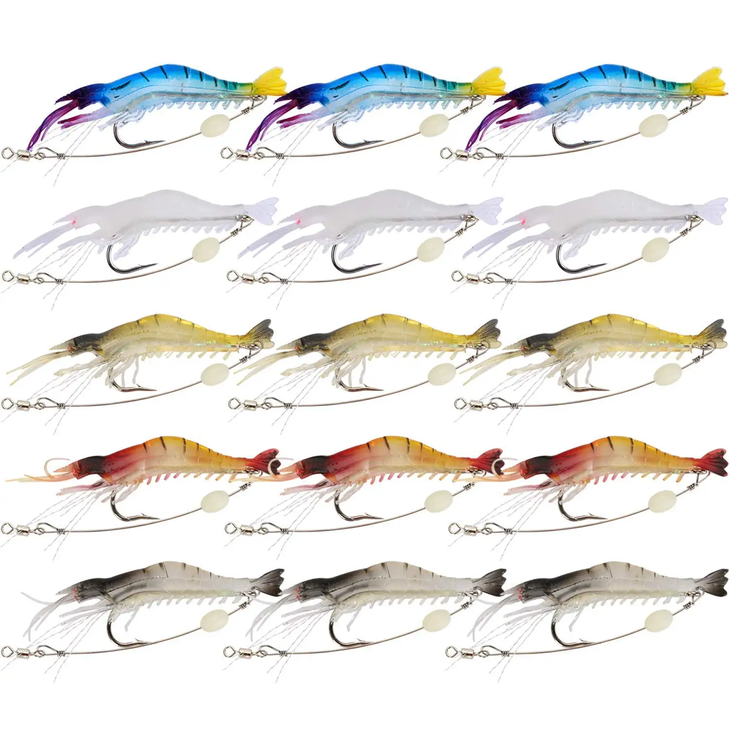 

Goture 3-5-9-12-15pcs Soft Lures Artificial Bait Luminous Shrimp Fishing Lure Mixed Color Spinner Crank-Bait with Hook