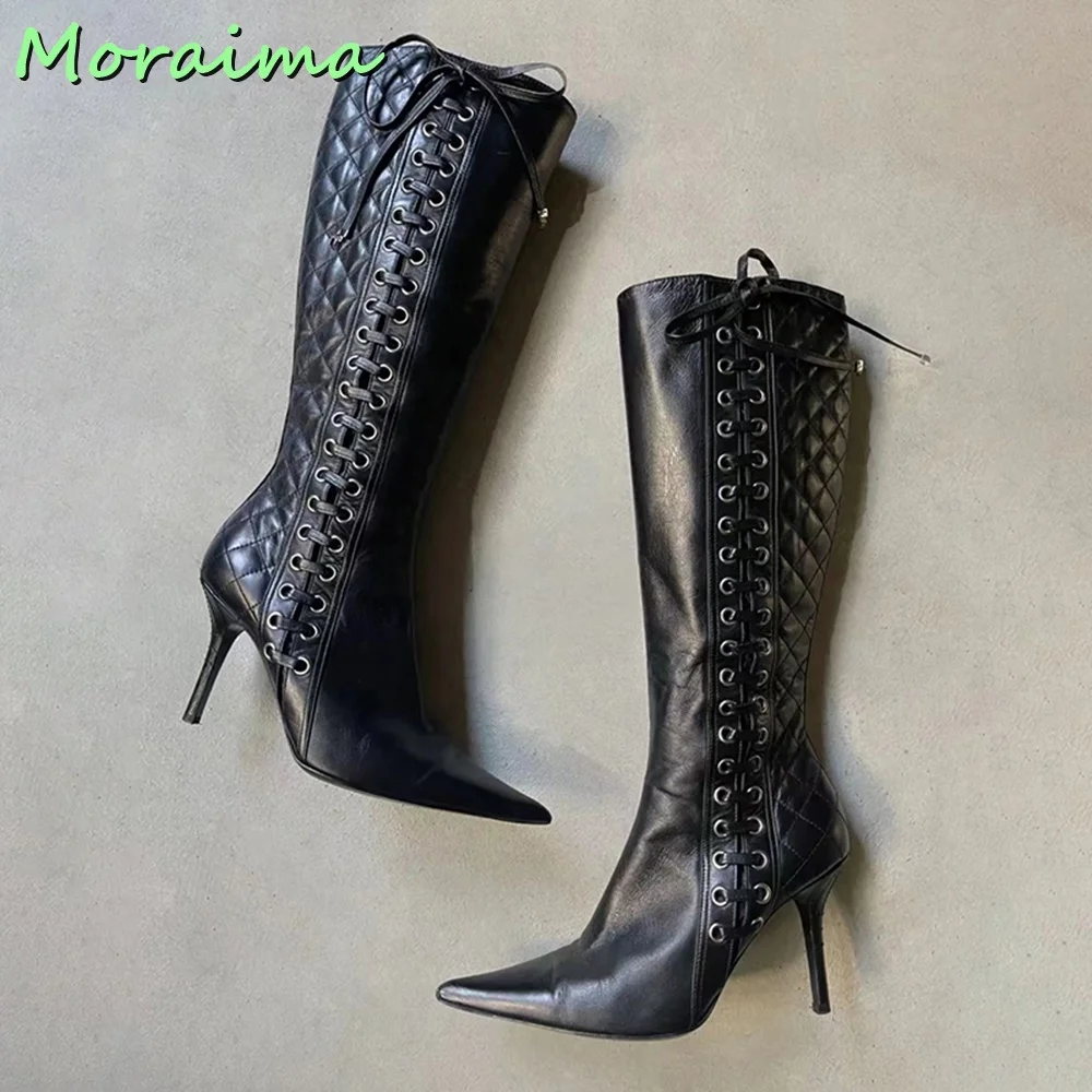 Side Lace-Up Pointy Toe Long Boots Diamond Pattern Vintage Women Shoes Knee High Side Zipper Stiletto Heel Black Solid Leather