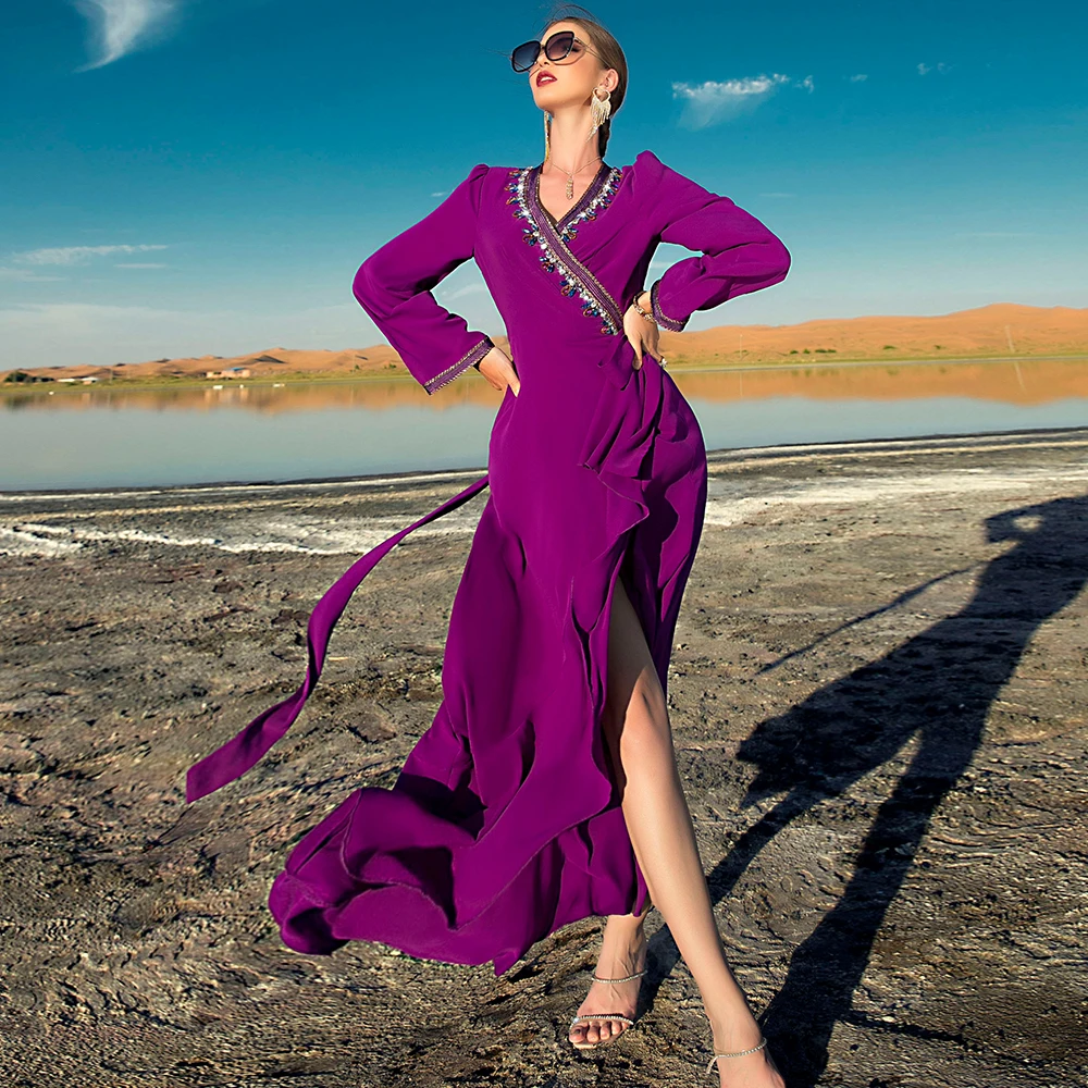 BA7069 new rose purple ruffle diagonal seam drill dress