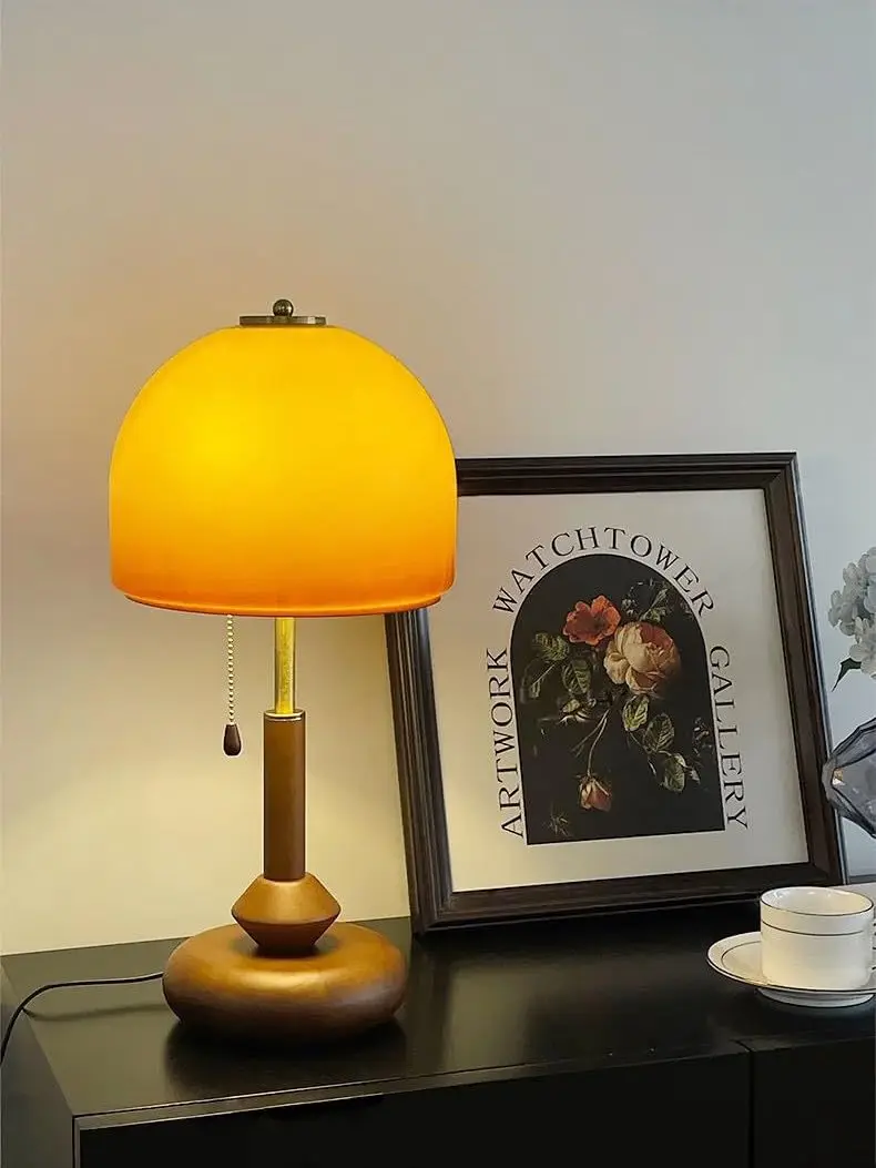 Vintage Glass Table Lamp with Amber Shade, LED Bedside Lamp with Pull Chain Switch, Solid Walnut Wood Base, Plug-in Accent Lamp for Bedroom Living Room Study