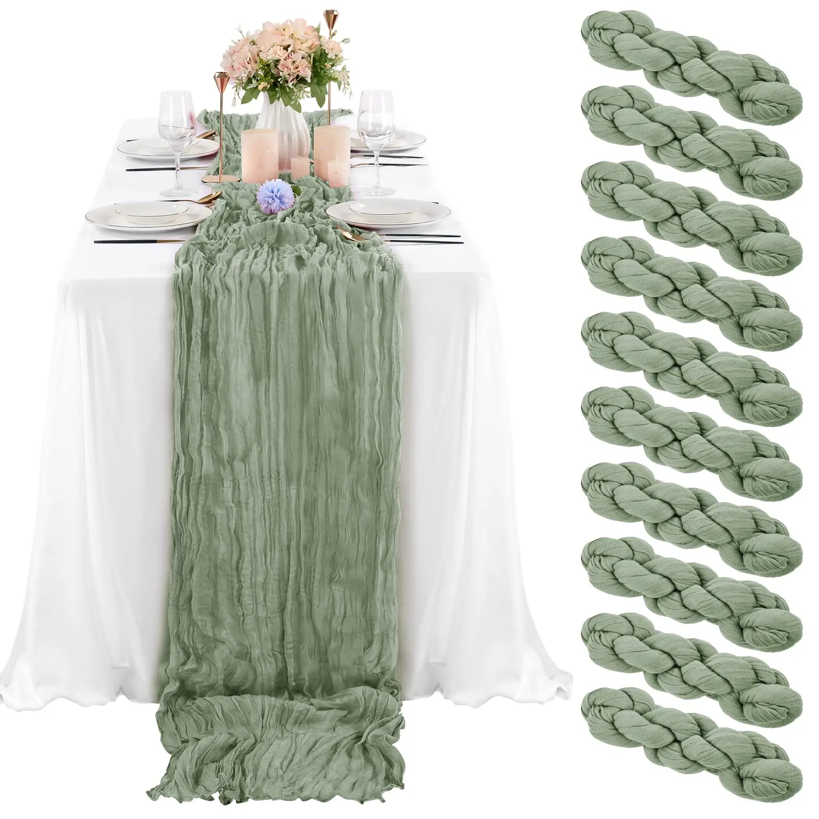 

10PCS Set Semi-Sheer Gauze Table Runner Sage Cheesecloth Table Setting Dining Wedding Party Christmas Banquets Arches Cake Decor