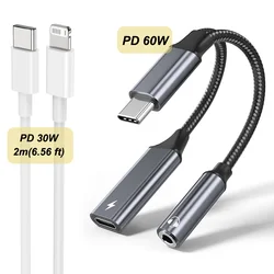 Dual Function USB - C Audio and Fast Charging Adapter, 60W PD Compatible (2m Cable for iOS)