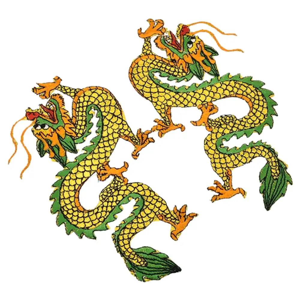 Parche de Dragon a la Moda, MXDON-001, 1 Parche, Dragón Chino, Amarillo/Verde, Bordado de Dragon para Ropa