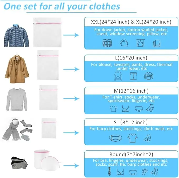 7-piece mesh laundry bag set with zippers. Protects delicates like bras, lingerie, and hosiery. Ideal for travel or home use. 6