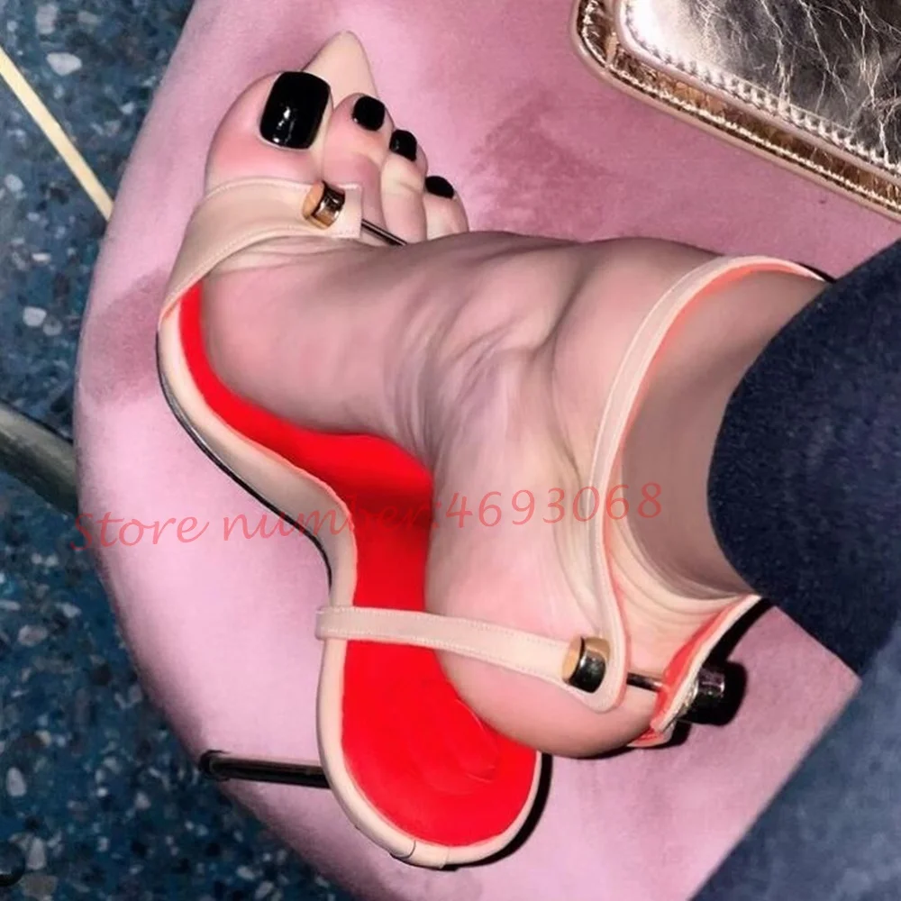 

Туфли женские с металлическим острым носком, пикантные сандалии на высоком каблуке-шпильке, туфли-лодочки с ремешком на щиколотке, с пряжкой, красные вечерние туфли, большие размеры