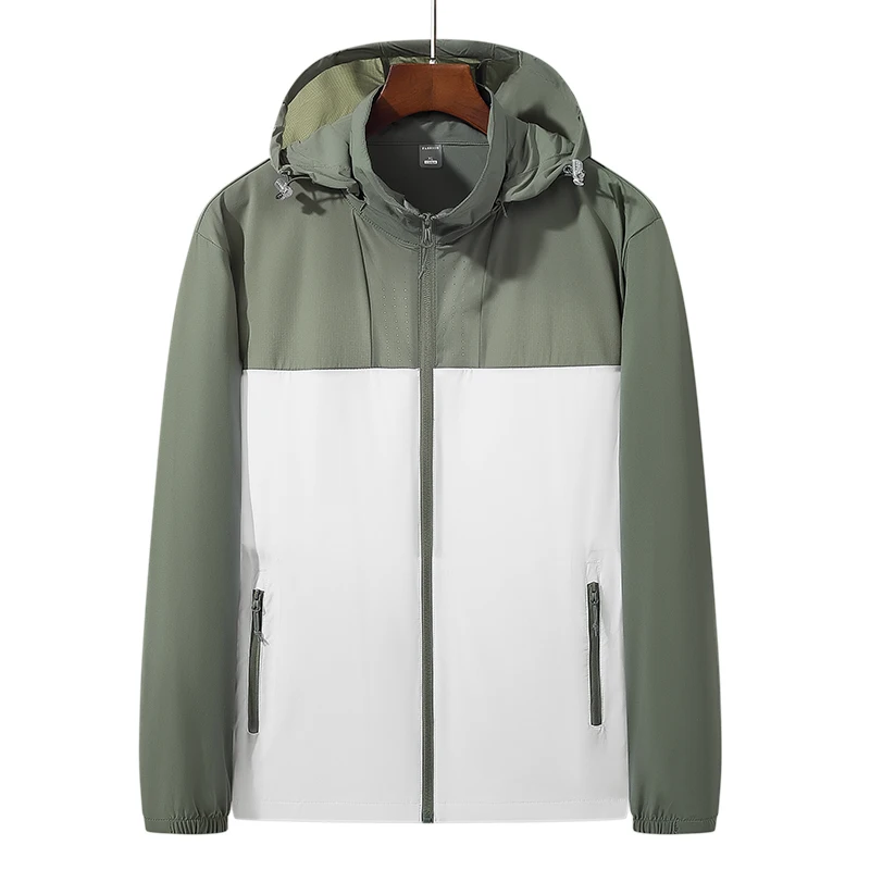 New Coat Men  Skin Clothes Elasticity Anti-UV Breathable Removable hat  Light Thin Splice Men summer Windbreaker