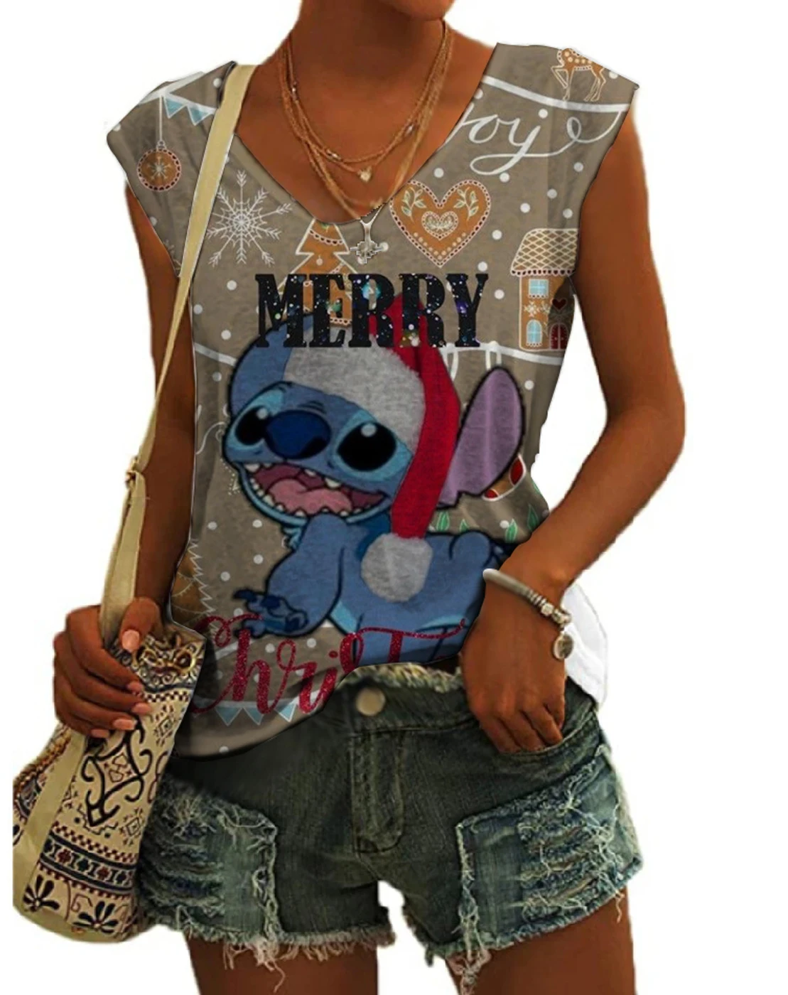 

2023 summer Disney V-neck Stitch all-match short-sleeved fashion casual women's T-shirt short-sleeved loose top