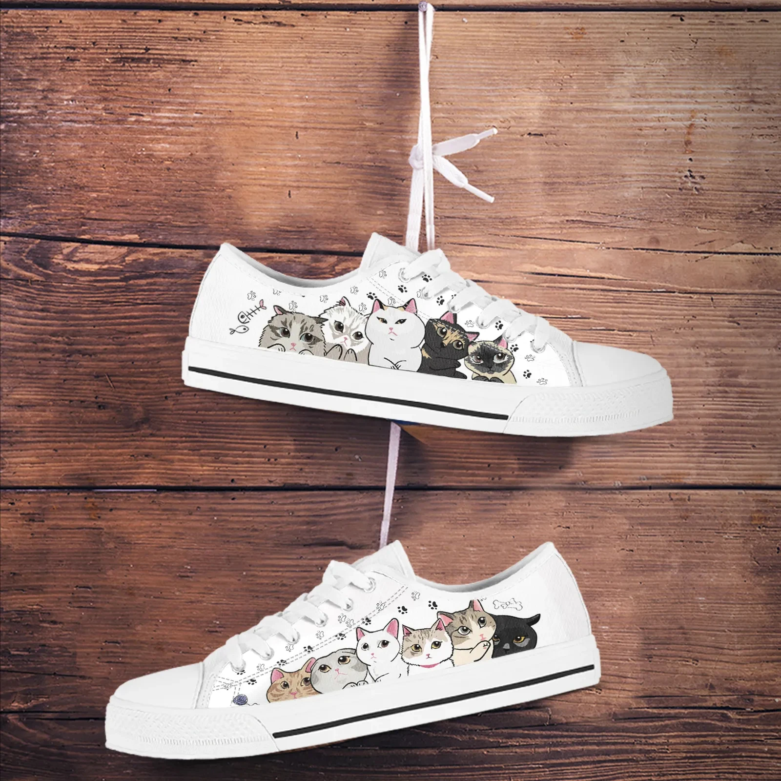 Cute Cartoon Cat abstract Cat Design for Woman Classic Low Top Canvas Shoes White Lace-up Sneakers Loafers Casual Soft Footwear