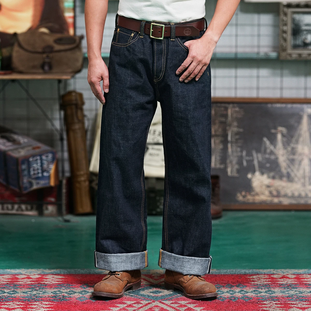Men’s Vintage Jeans High Waist Loose Straight 17OZ Wide Leg Selvedged Denim Amekaji Cowboy Motorcycle Pants for Male 3