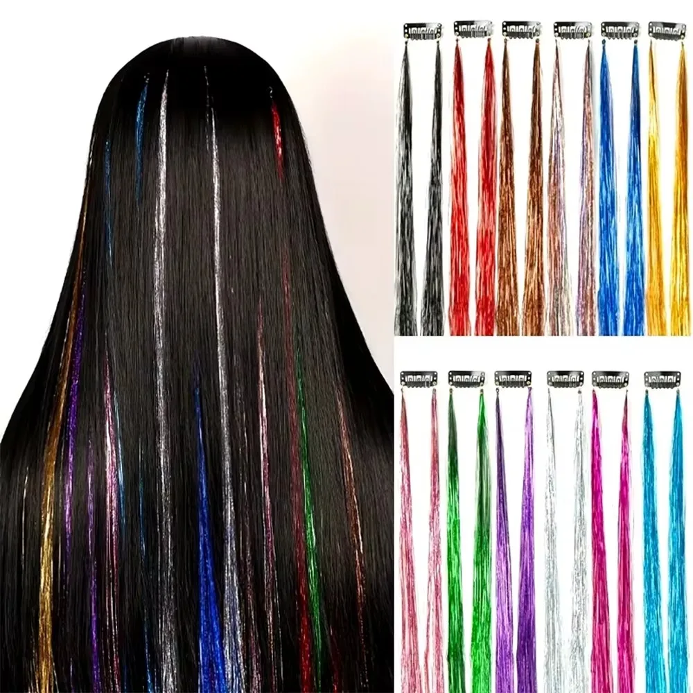 5PCS 22inch Straight Tinsel Clip-In Hair Extensions Synthetic Colorful Hairpieces wigs DIY Cosplay Christmas Party Use for girls