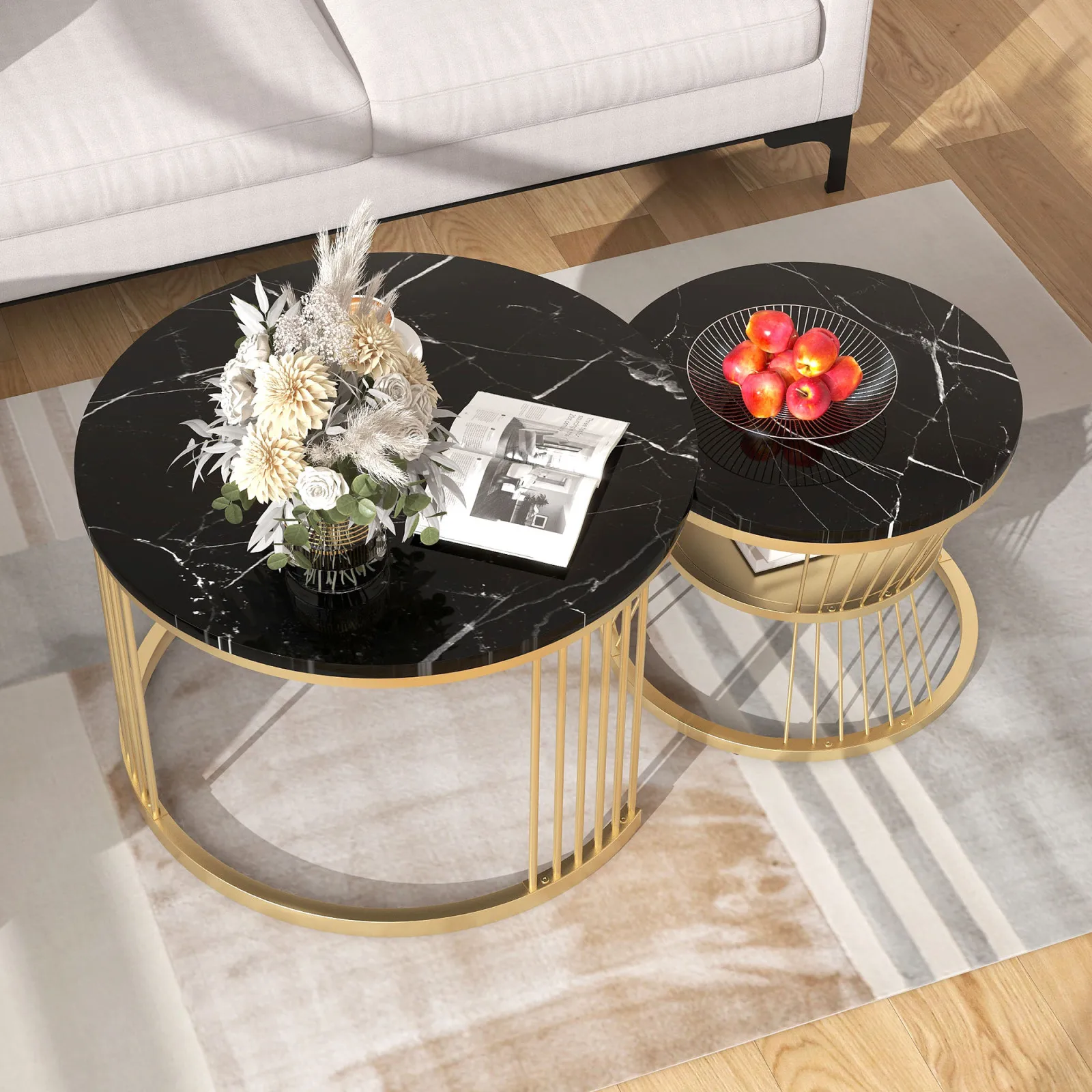 Rosahqnda Runder Marmor Couchtisch (2er Set), MDF Beistelltisch, Metallgestell, für Wohnzimmer, Schlafzimmer, Balkon – Detail 6