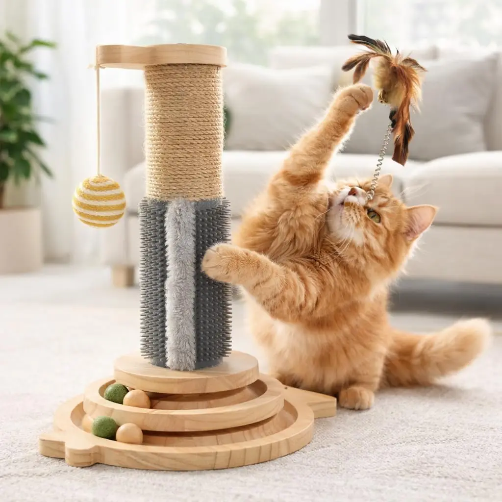 5-in-1 Cat Scratcher Tower Pinewood Multi Level Cat Scratching Post with Rotating Balls Sisal Ramps & Stable Wooden Base for In