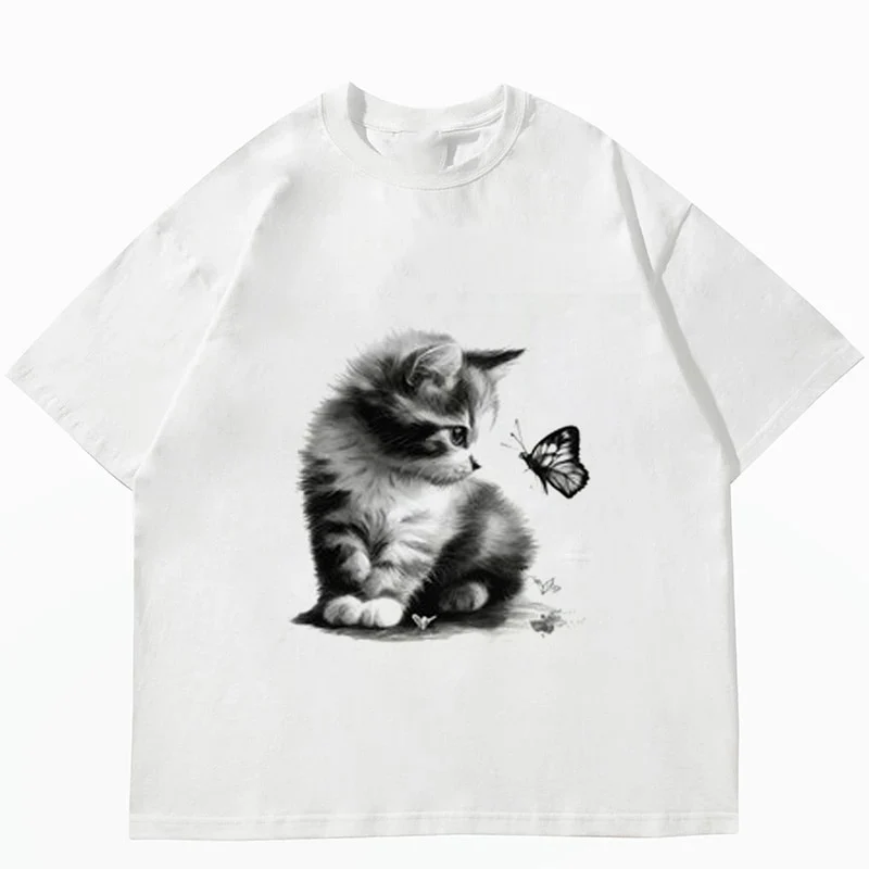 High Quality Cotton Female Cute Cat Print T-Shirt for Female/male Haruku Fashion Couple Tops Y2K Oversized Tee_voghion.com