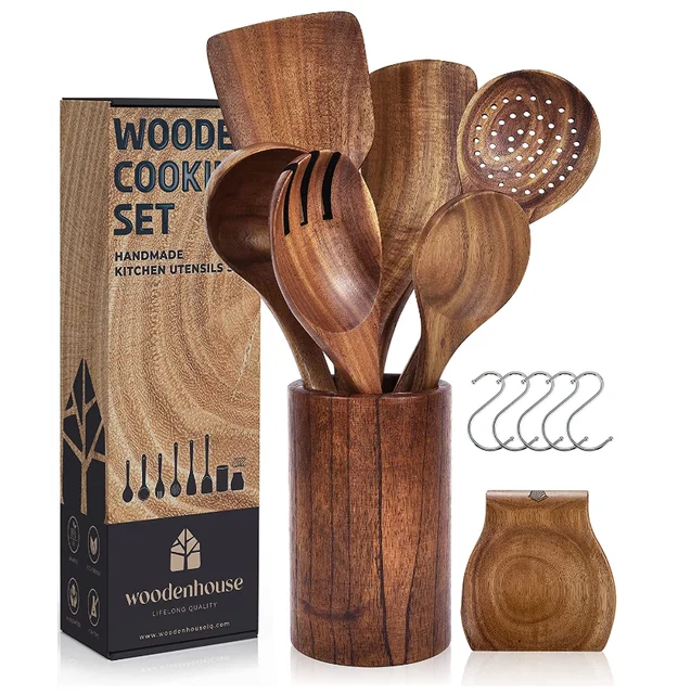 Juego de utensilios de cocina de madera, cucharas de madera para cocinar,  cucharas de madera de teca zhangmengya LED