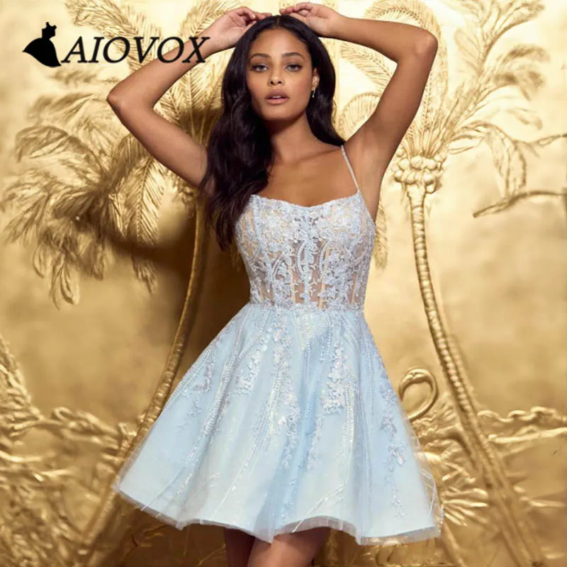 AIOVOX Mini Short Lace Up Homecoming Kleid Sexy Illusion Spaghetti Strap Cocktail Kleider Floral Print A-Line Vestidos De Gala