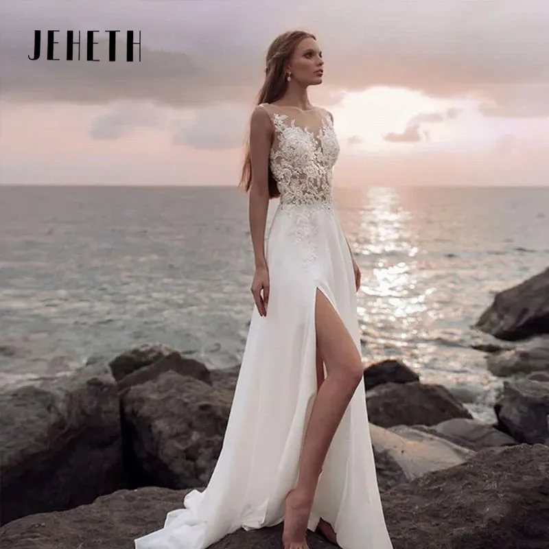 

JEHETH Chiffon Wedding Dress For Women O-Neck Strapless Appliques Bridal Gown Elegant Side Slit A-Line Vestido De Noiva Custome