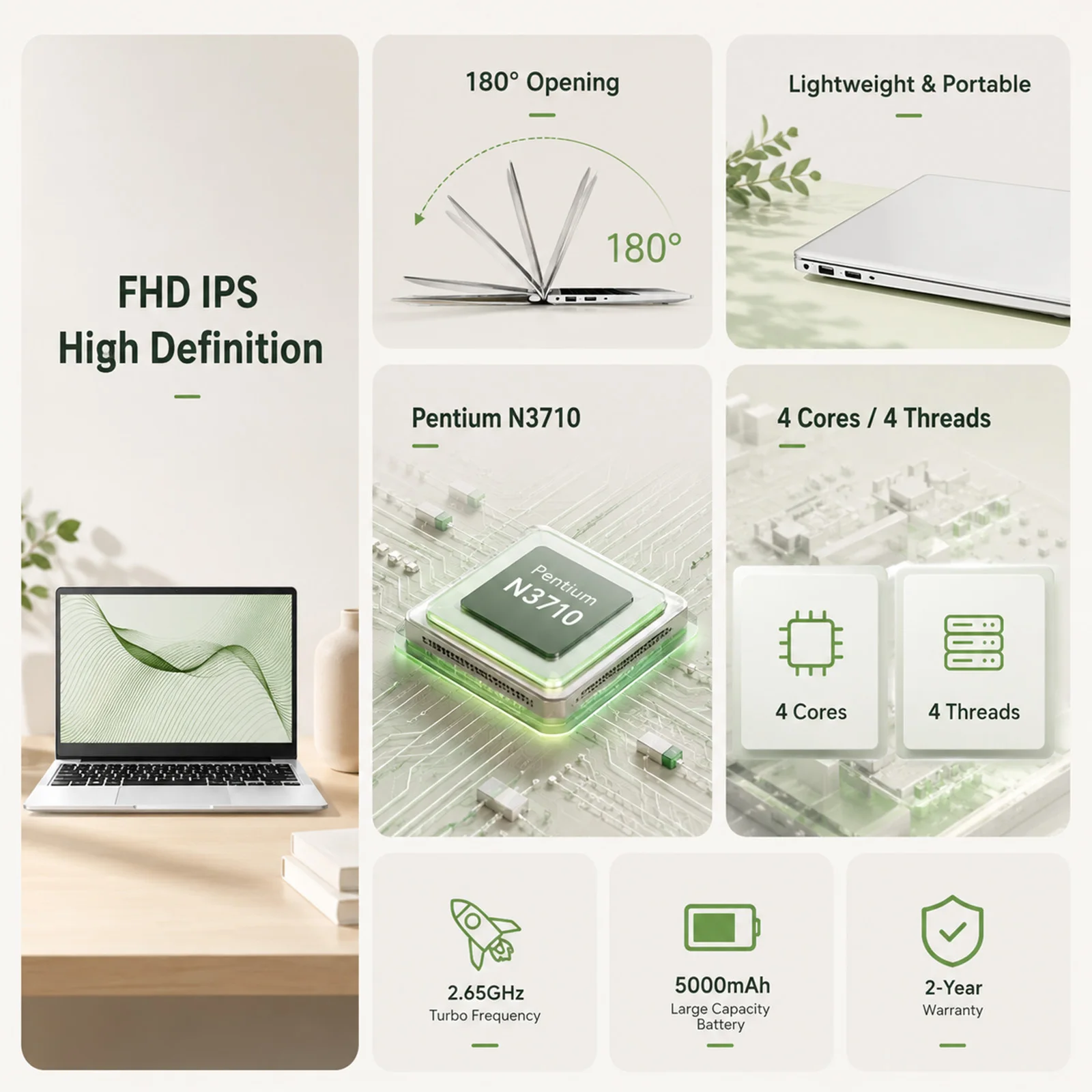14.1 Inch Laptop Intel N3710 Quad Core 12GB RAM 256GB SSD Windows 10 Notebook Computer FHD 1080P IPS Display Portable Ultrabook 180° Open WiFi Bluetooth Mini HDMI USB 3.0 Grande batterie de 5000 mAh, longue durée de vie Student Office Business Laptop PC - immagine 3