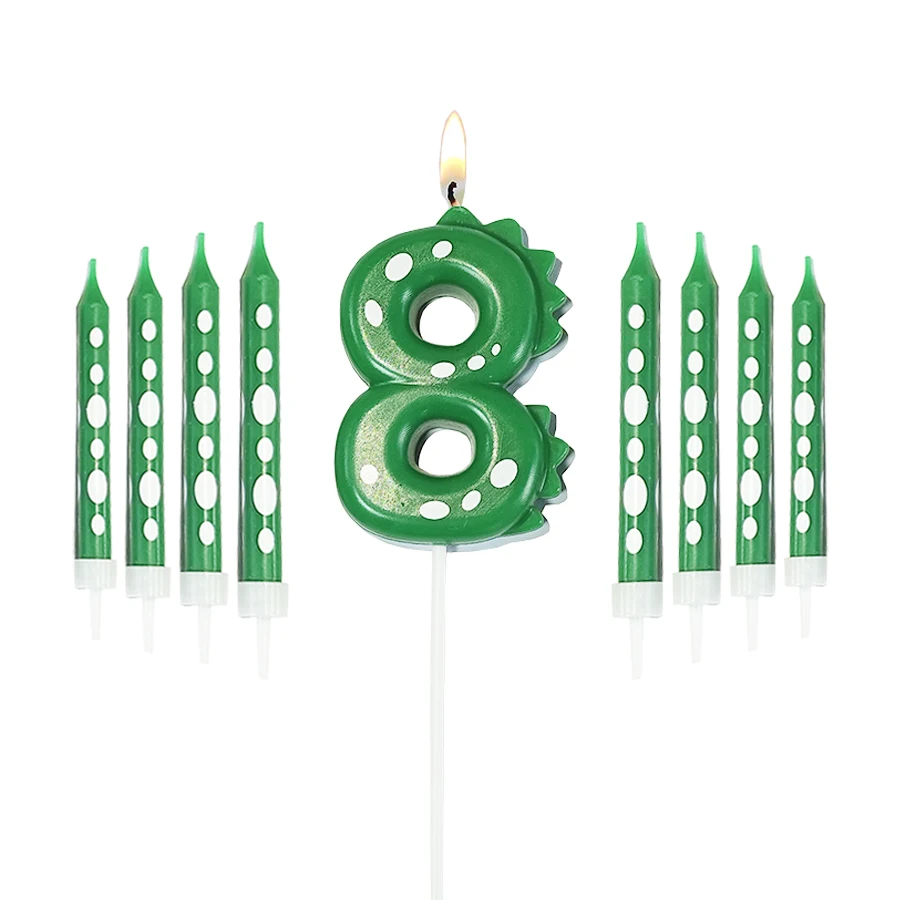 Grüne Dinosaurier-Zahlen 0–9 + 8 Stück grüne Kerzen „Happy Birthday“-Kuchenkerze für Kinder, Prinz, Party, Cartoon-Dinosaurier-Dekoration