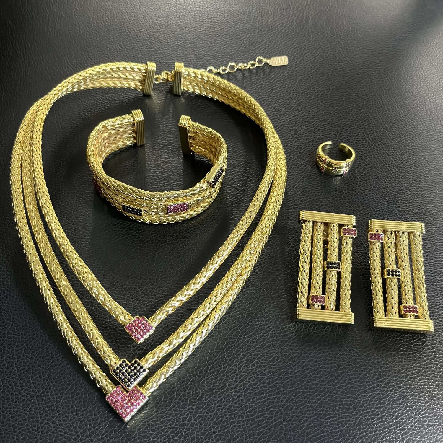 Gold Plating Jewelry 24k Original Women's Luxury Colorful Gold Plated Necklace Square Earrings Bracelet Luxury Wedding Bijoux - 6