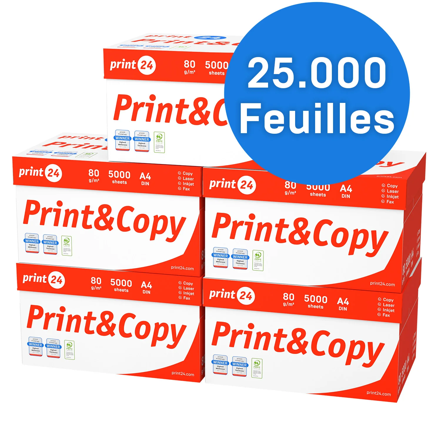 print24 Papier A4 pour Imprimante 25000 Feuilles (50 x 500) – Papier Blanc Premium 80 g/m² Certifié PEFC
