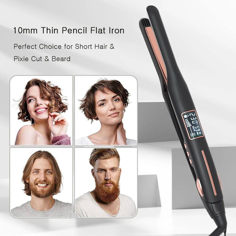 Thinnest Plate Hair Curler Mini Hair Straightener 2 in 1 Titanium Pencil Narrow Flat Iron with LCD Display for Short Beard