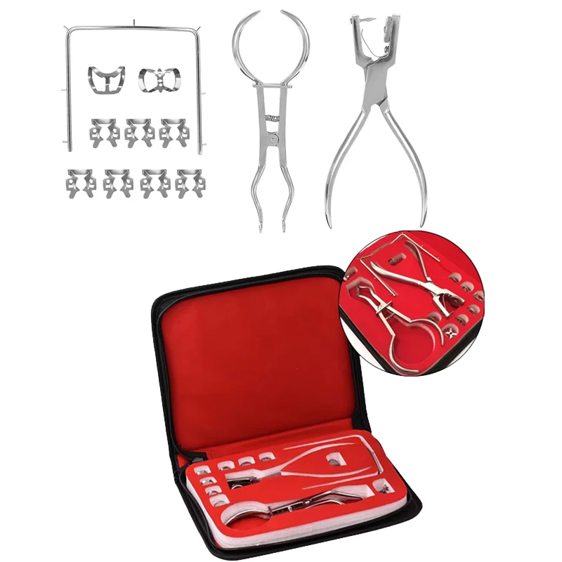 Dental Dam Locher Set mit Ledertasche und Zange Zahnarzt Perforator Kieferorthopädische Gummiwerkzeuge Komplettset