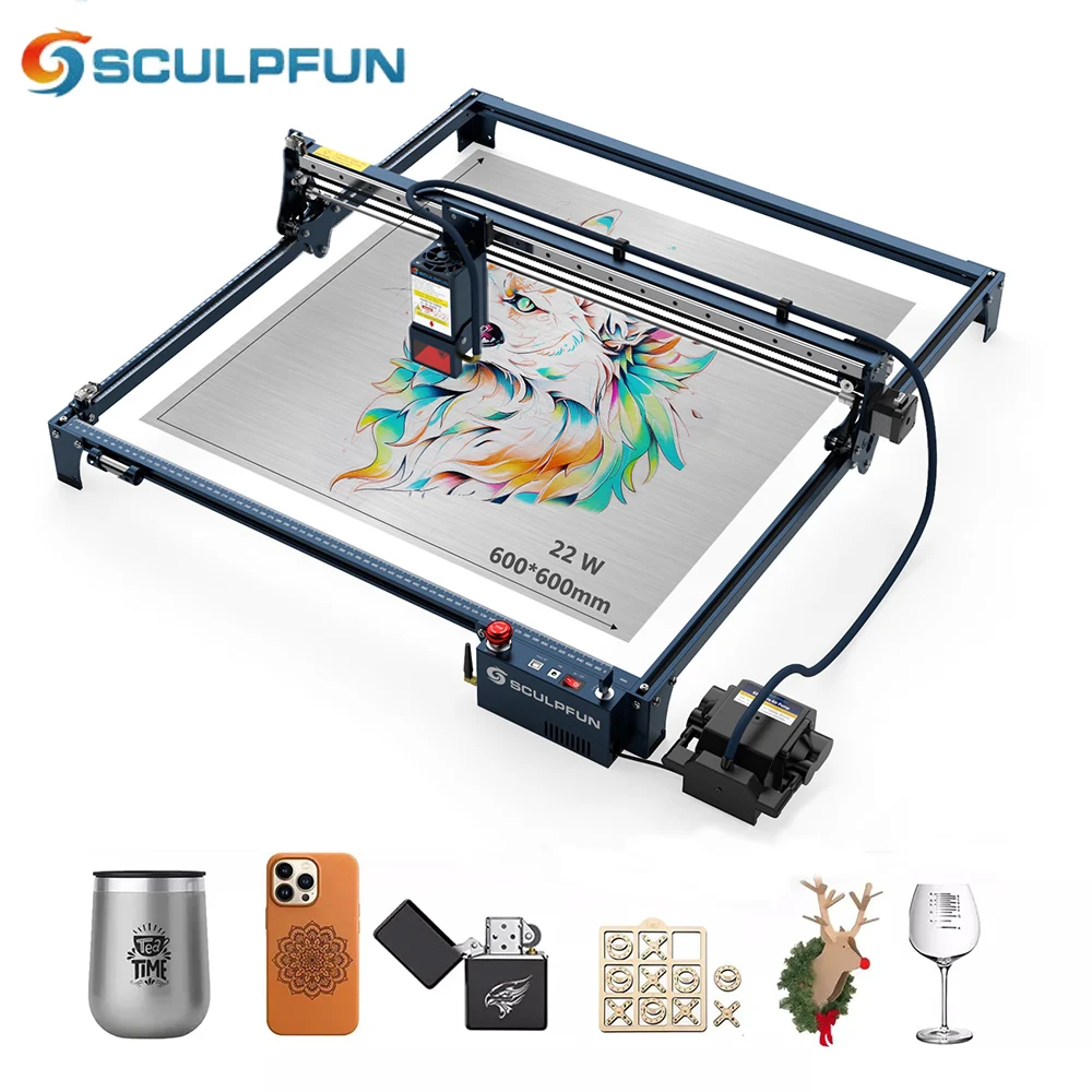 SCULPFUN S30 Ultra 22W Laser Engraving Machine With Automatic Air Assist Replaceable Lens Eye Protection 600x600mm Engraver Area