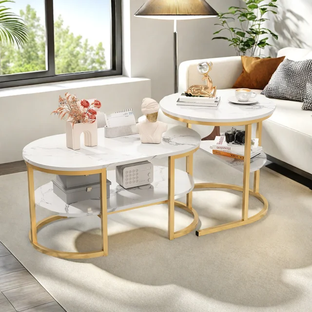 Ensemble de 2 tables basses Superaly, table ronde pour canapé, table d'appoint avec espace de rangement et structure en métal, pour chambre ou balcon, doré 1