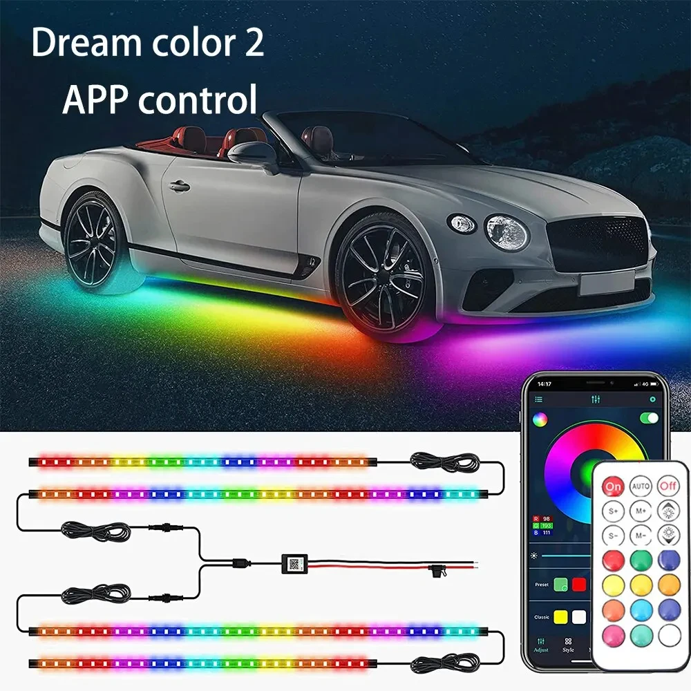 네온 LED RGB 자동차 언더글로우 하단 조명, 원격 및 앱 제어, 유연한 방수 LED 스트립, 자동차 언더바디 조명, 장식 램프